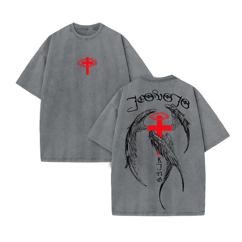 Unisex 100% Cotton JESUS IS KING Four-winged Cross Print Acid Washed T-shirt - Grey - US20-22(3XL) - image 5