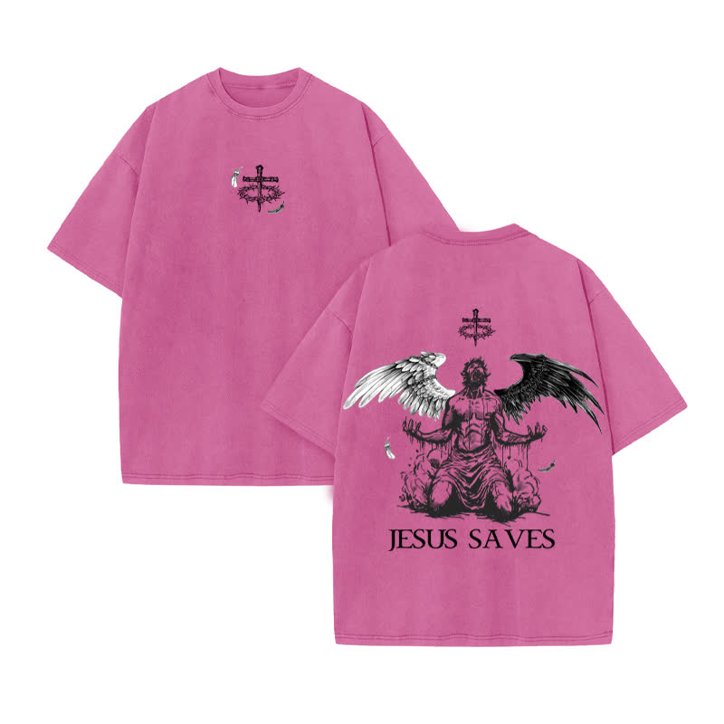 Unisex Jesus Saves Print Acid Washed T-shirt - Pink - US20-22(3XL) - image 8