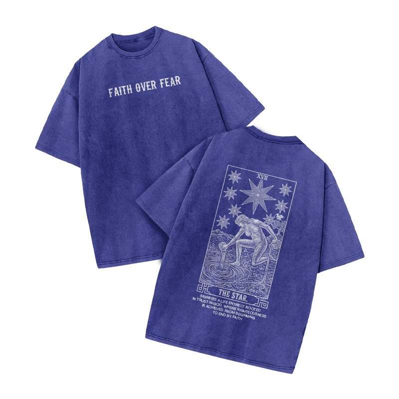 Faith Over Fear Tarot The Star Print Acid Washed T-shirt - Blue - US20-22(3XL) - image 8