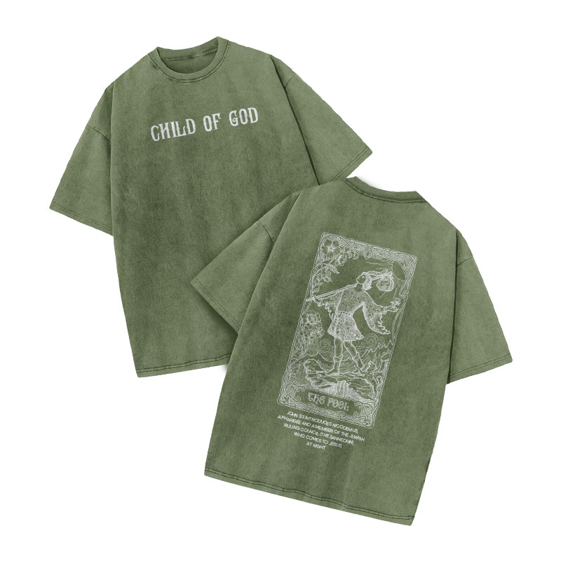 Child Of God Tarot The Fool Print Acid Washed T-shirt - Army Green - US20-22(3XL) - image 8