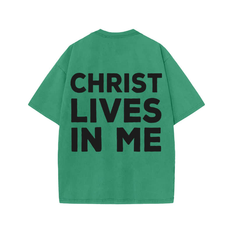 Unisex  Christ Lives In Me Print Acid Washed T-shirt - Green - US20-22(3XL) - image 6