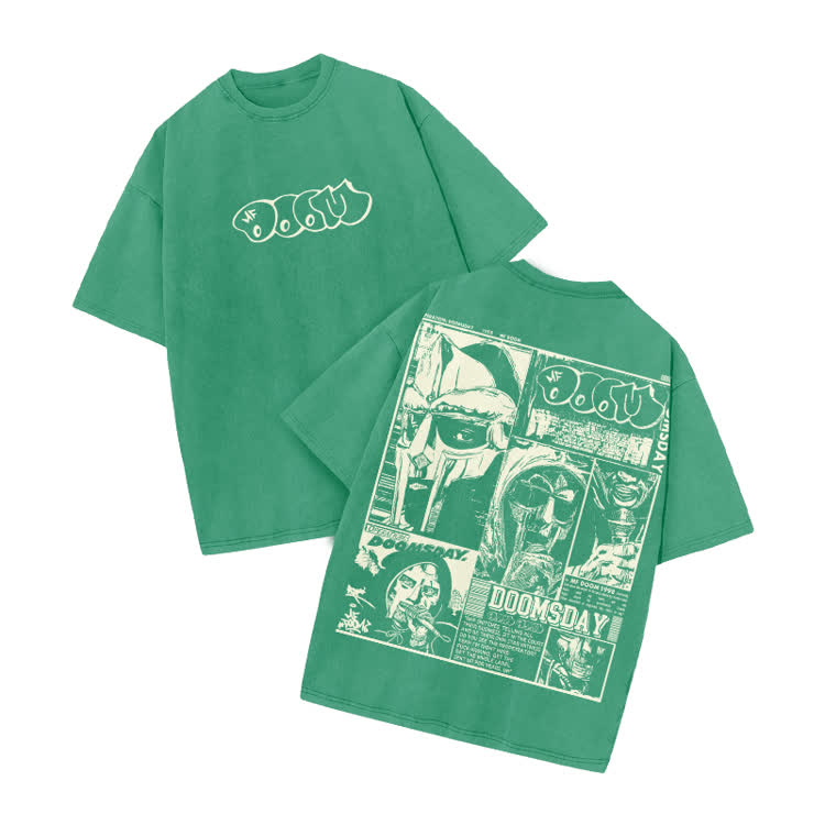 Vintage Doomsday Mask Panel Print Acid Washed T-Shirt - Green - US20-22(3XL) - image 7