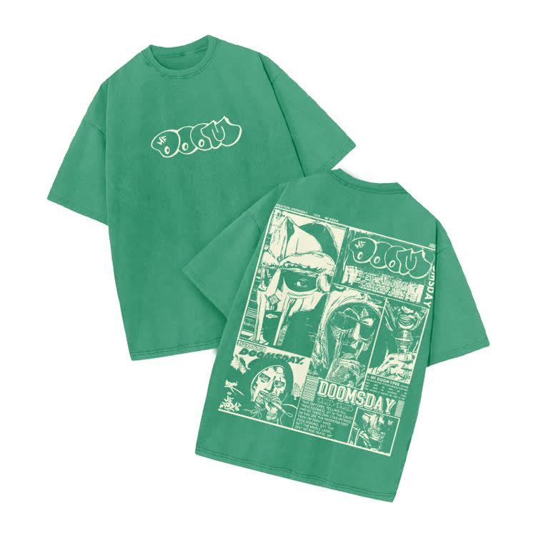 Vintage Doomsday Mask Panel Print Acid Washed T-Shirt - Green - US20-22(3XL) - image 7