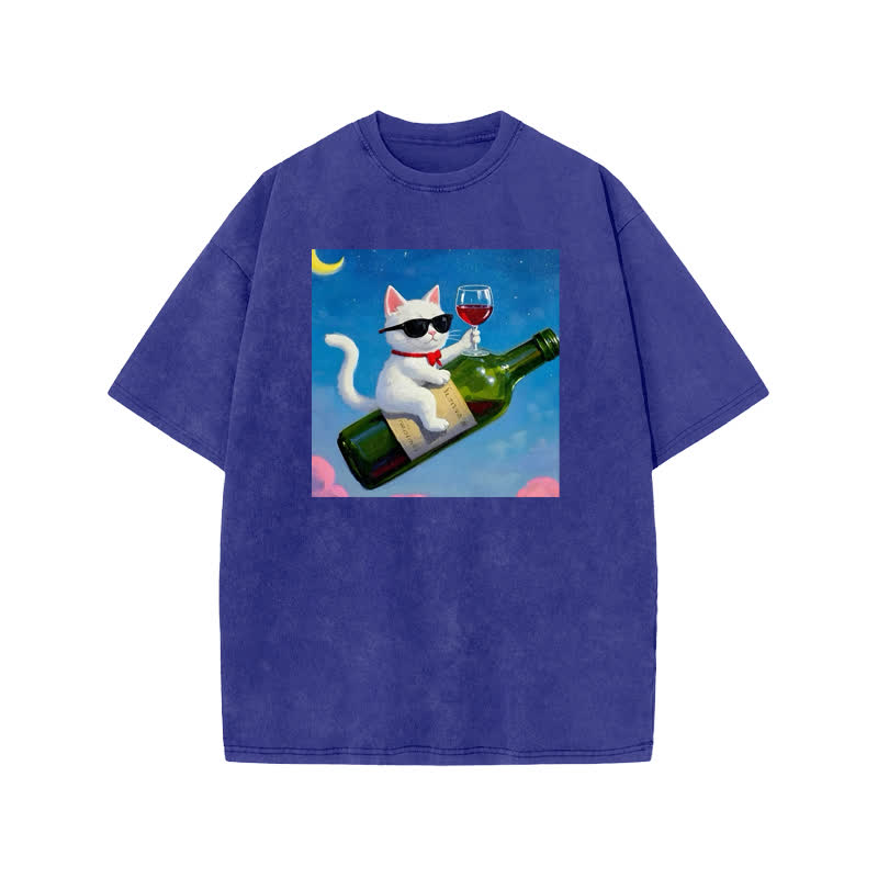 Unisex 100% Cotton Noble And Elegant Cat Print Acid Washed T-shirt - Blue - US20-22(3XL) - image 8