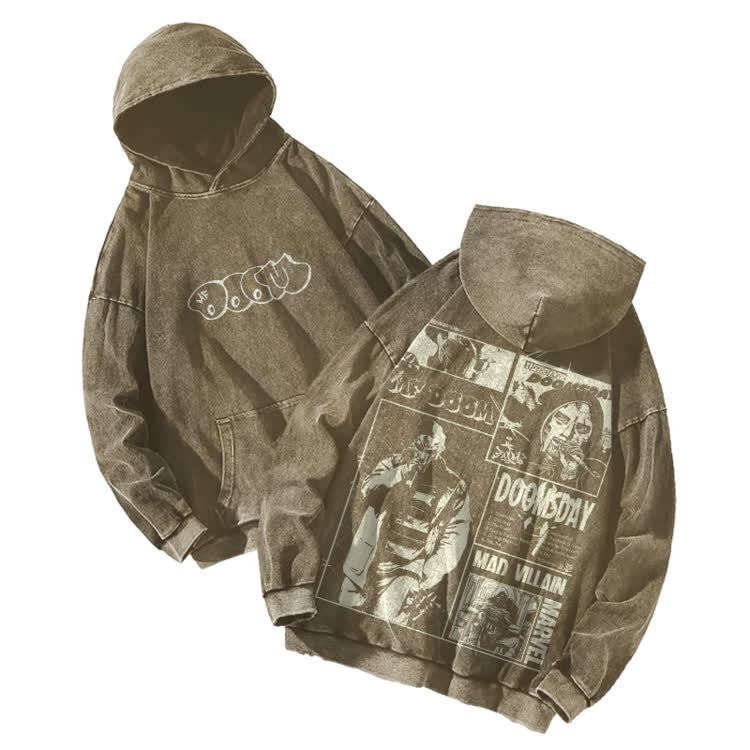 Vintage Streetwear Comic Panel Graphic Print Acid Washed Hoodie - Khaki - US16-18(2XL) - image 4