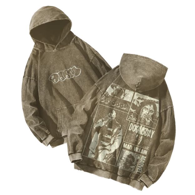 Vintage Streetwear Comic Panel Graphic Print Acid Washed Hoodie - Khaki - US16-18(2XL) - image 4