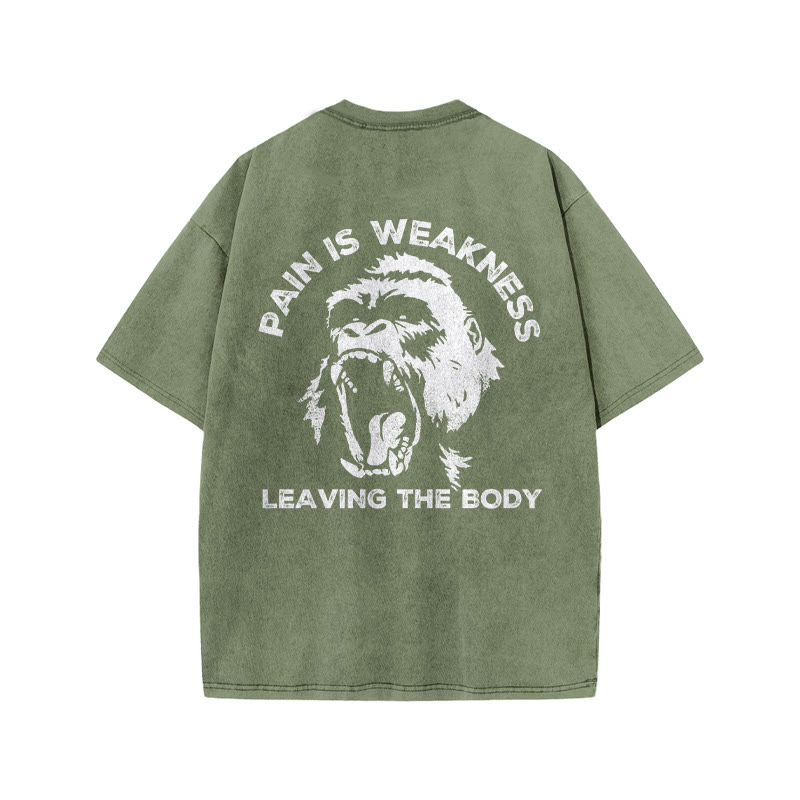 100% Cotton Pain Is Weakness Leaving The Body  Gym Print Acid Washed T-shirt - Army Green - US20-22(3XL) - image 7