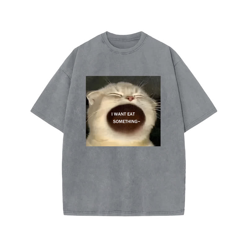Unisex 100% Cotton Greedy Cat Print Acid Washed T-shirt - Grey - US20-22(3XL) - image 4