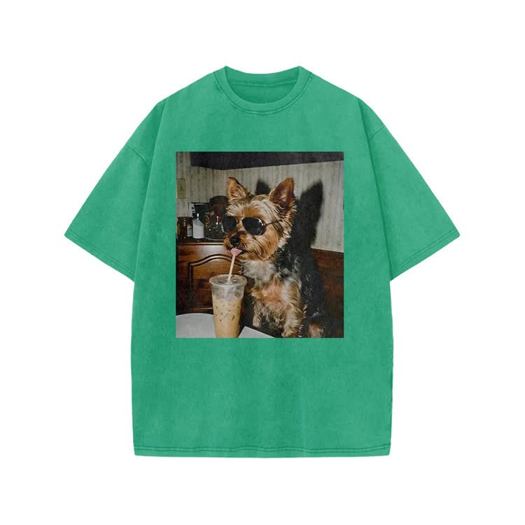 Vintage Dog Coffee Graphic Print Acid Washed T-shirt - Green - US20-22(3XL) - image 7