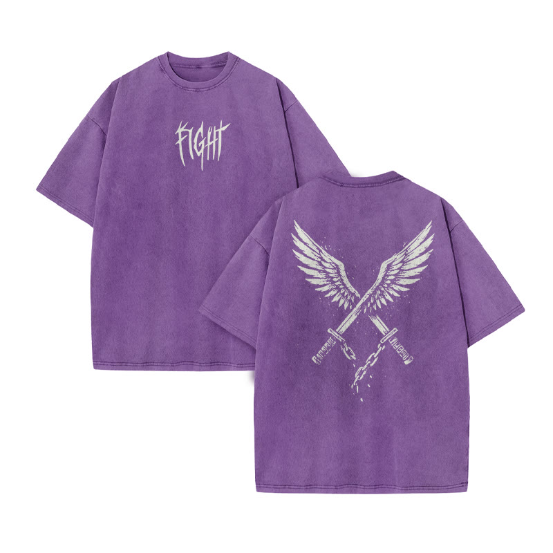 Unisex Fight Print Acid Washed T-shirt - Purple - US20-22(3XL) - image 7