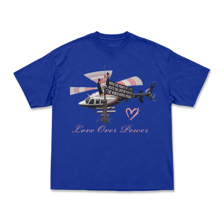 Vintage Helicopter Print Love Over Power T-Shirt - Blue - US16-18(2XL) - image 14