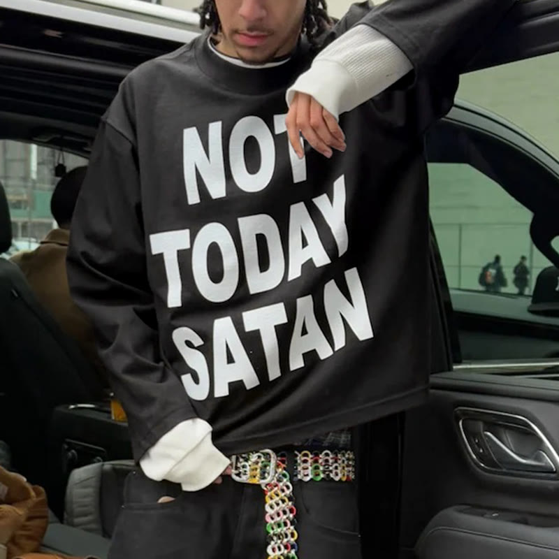 Unisex Not Today Satan Print Long Sleeve T-shirt - Black - 6XL - image 3