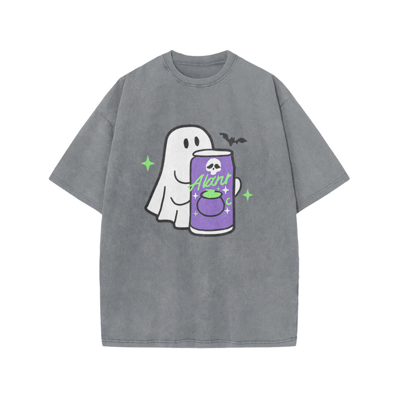 Unisex 100% Cotton Cute Ghost Print Acid Washed T-shirt - Grey - US20-22(3XL) - image 6