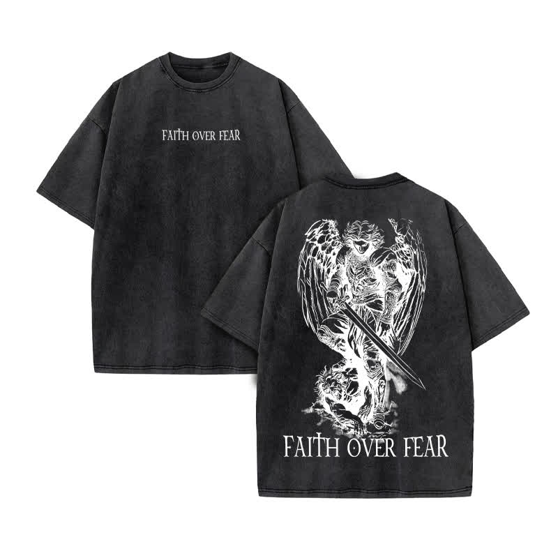 Unisex Faith Over Fear Print Acid Washed T-shirt - Black - US20-22(3XL) - image 3