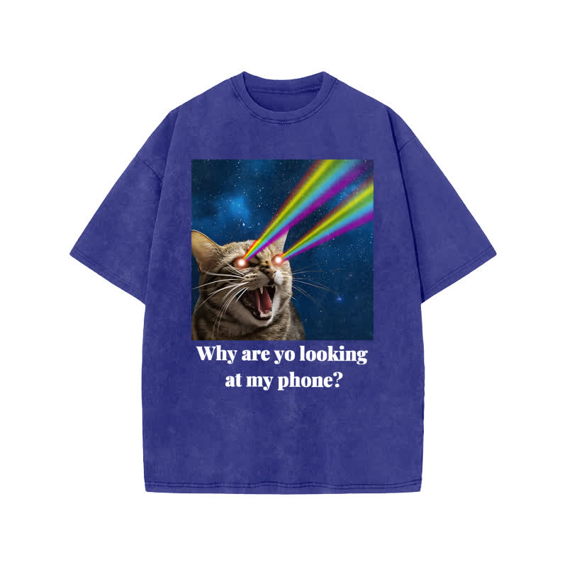 Unisex 100% Cotton Why Are Yo Looking At My Phone Print Acid Washed T-shirt - Blue - US20-22(3XL) - image 8