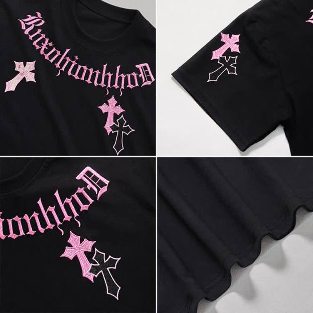 Gothic Cross Graphic Embroidered Round Neck T-Shirt - image 16