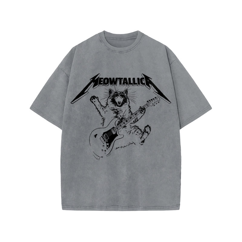 Unisex 100% Cotton Bassist Cat Print Acid Washed T-shirt - Grey - US20-22(3XL) - image 4