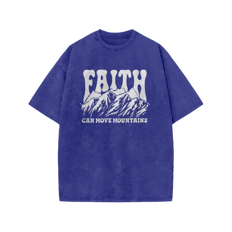 Unisex Faith Can Move Mountains Print Acid Washed T-shirt - Blue - US20-22(3XL) - image 8
