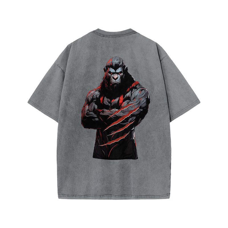 100% Cotton Workout Chimpanzees Gym Print Acid Washed T-shirt - Grey - US20-22(3XL) - image 4