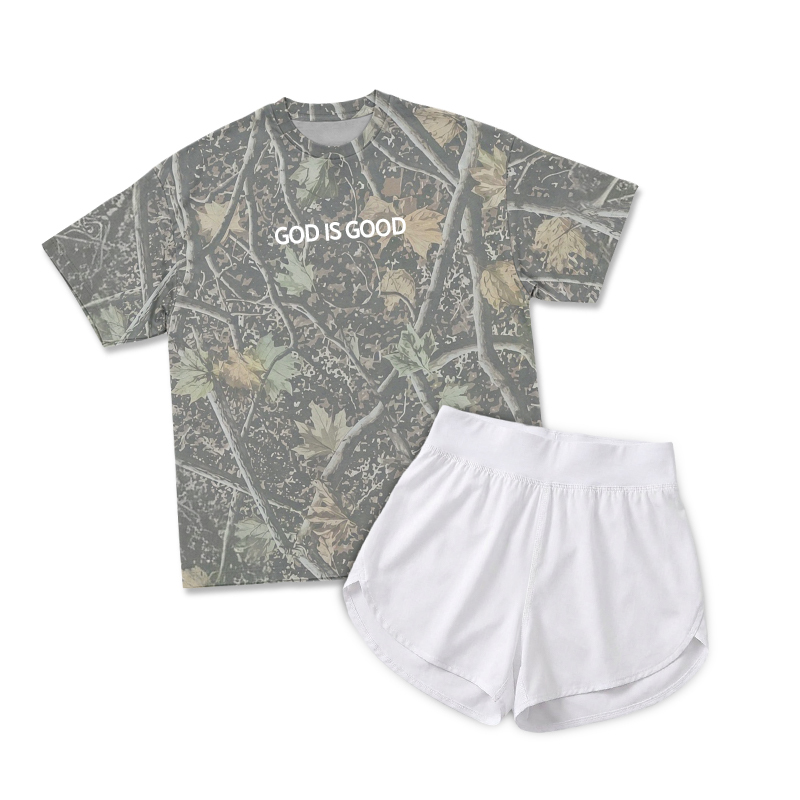 Vintage Camo GOD IS GOOD Print T-Shirt & Short Two Piece Set - Olive Camo - 2XL - image 10