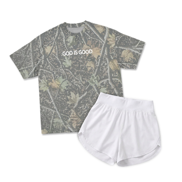 Vintage Camo GOD IS GOOD Print T-Shirt & Short Two Piece Set - Olive Camo - 2XL - image 10