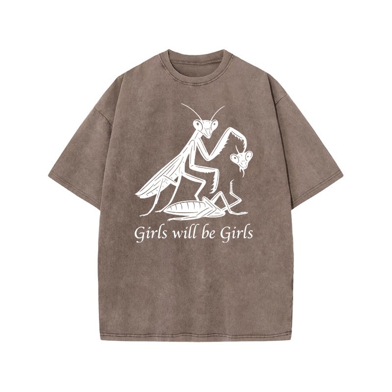 Girls Will Be Girls Print Acid Washed T-shirt - Coffee - US20-22(3XL) - image 7