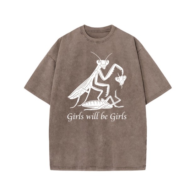 Girls Will Be Girls Print Acid Washed T-shirt - Coffee - US20-22(3XL) - image 7