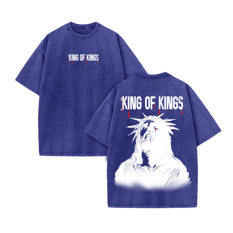 Unisex 100% Cotton JESUS IS KING Gtears Of God Print Acid Washed T-shirt - Blue - US20-22(3XL) - image 10