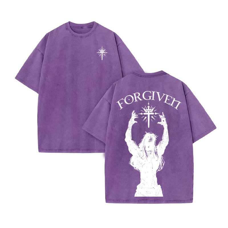 Unisex Forgiven Print Acid Washed T-shirt - Purple - US20-22(3XL) - image 9