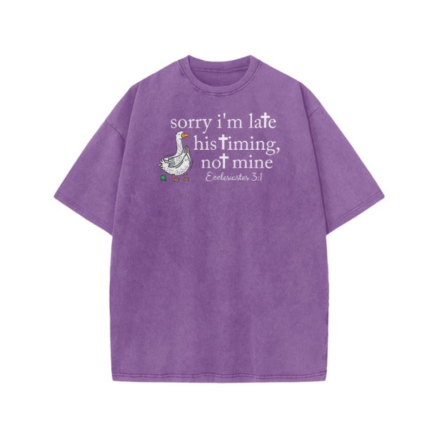 Unisex Sorry I'm Late, His Timing, Not Mine Ecclesiastes 3:1 Print Acid Washed T-shirt - Purple - US20-22(3XL) - image 8