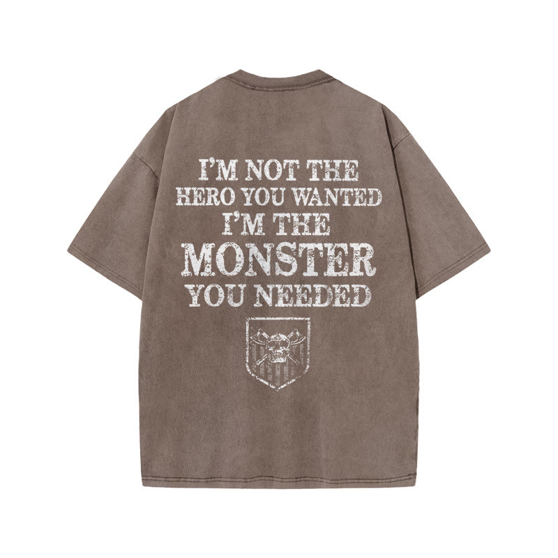 100% Cotton I'm The Monster You Needed Gym Print Acid Washed T-shirt - Coffee - US20-22(3XL) - image 5