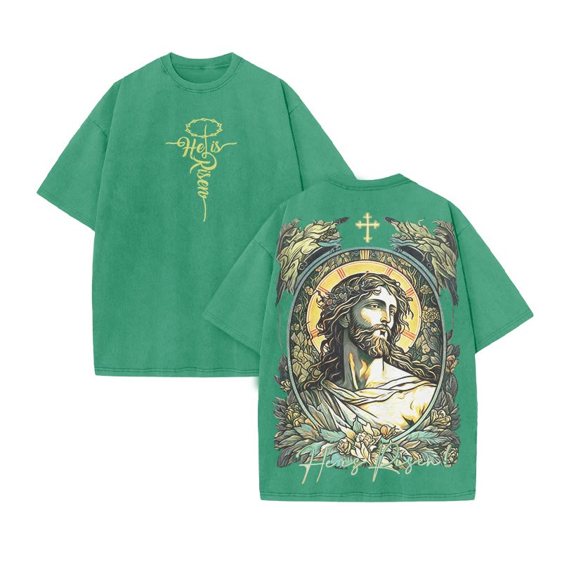 He Is Risen Jesus Print Acid Washed T-shirt - Green - US20-22(3XL) - image 8