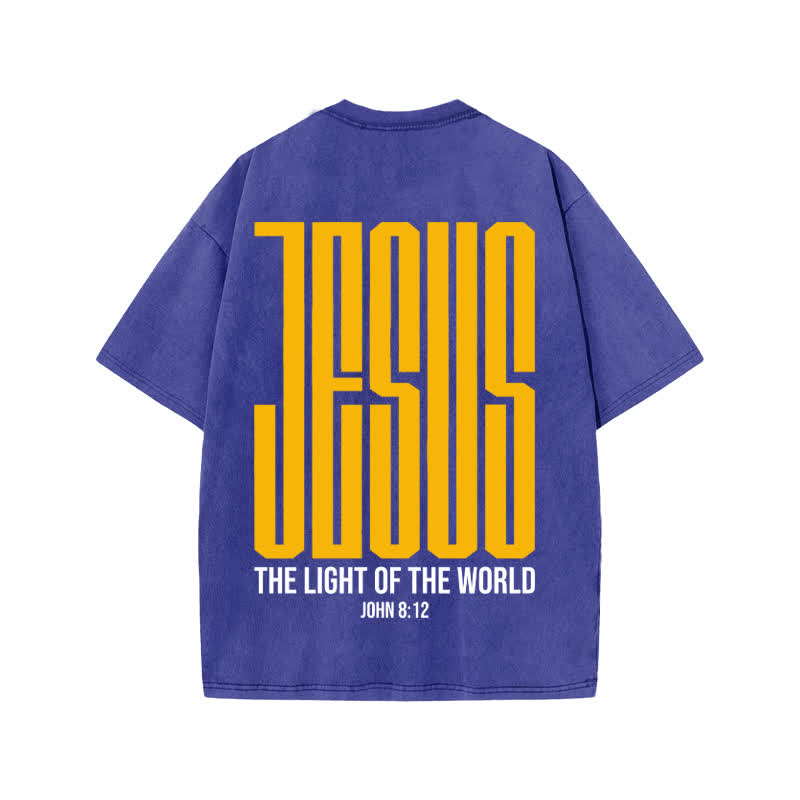 Unisex Jesus The Light Of The World Print Acid Washed T-shirt - Blue - US20-22(3XL) - image 8