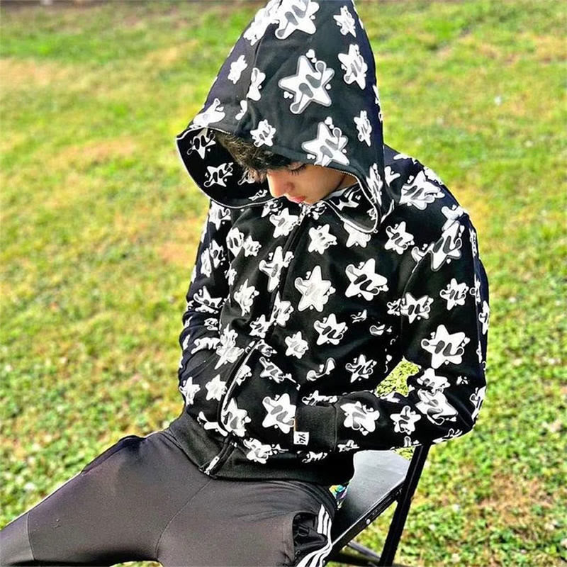 Street Style Star Print Full Zip Up Hoodie