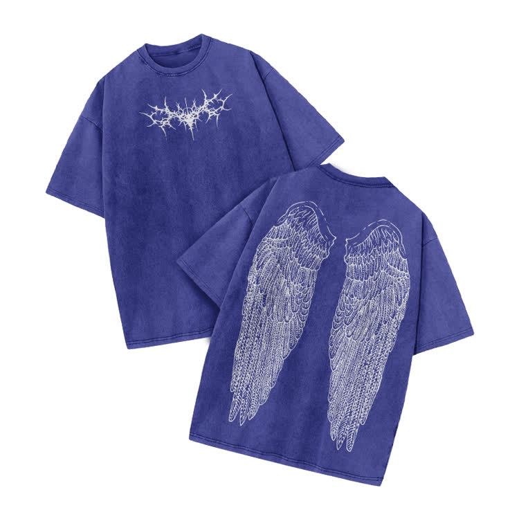 Vintage Angel Wings Graphic Print Acid Washed T-shirt - Blue - US20-22(3XL) - image 8