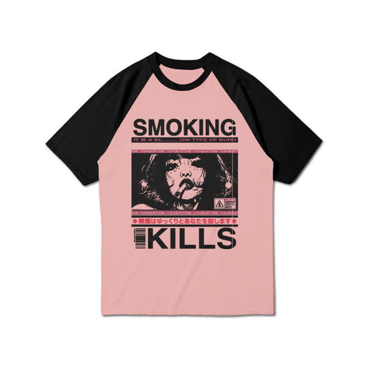 Smoking Kills Retro Manga Style Graphic Print Raglan Sleeve T-shirt - Pink - 3XL - image 9