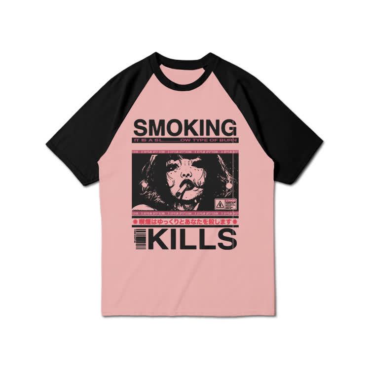 Smoking Kills Retro Manga Style Graphic Print Raglan Sleeve T-shirt - Pink - 3XL - image 9