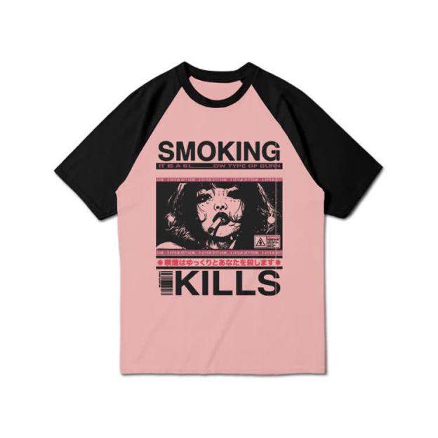 Smoking Kills Retro Manga Style Graphic Print Raglan Sleeve T-shirt - Pink - 3XL - image 9