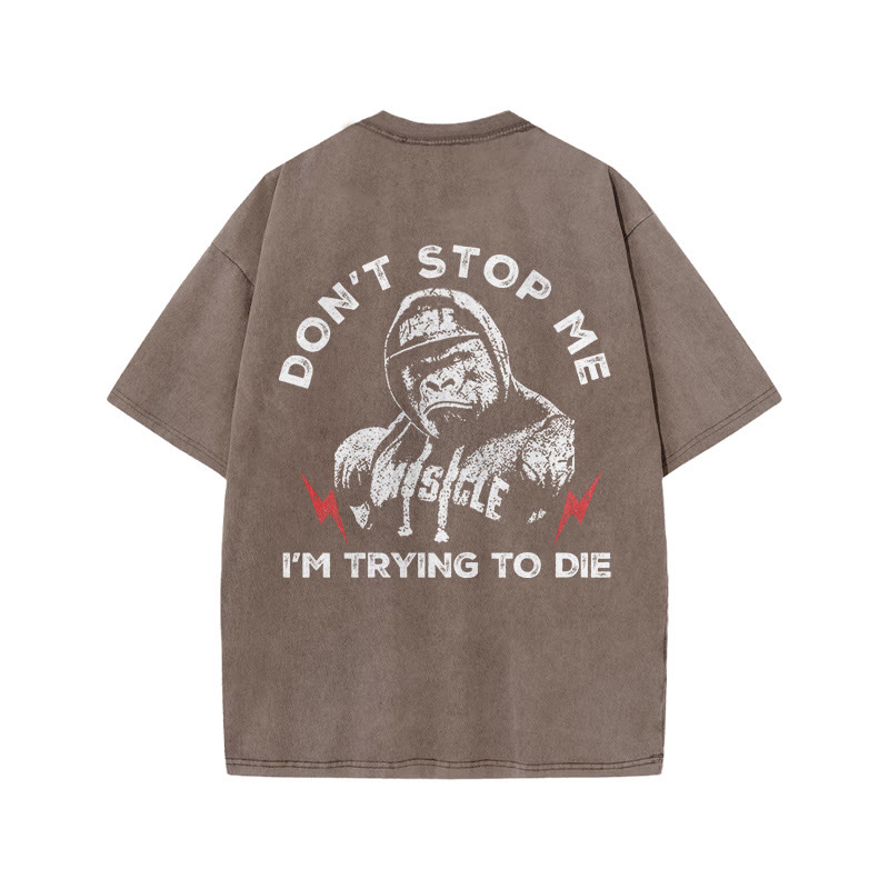 100% Cotton DON'T STOP ME Gym Print Acid Washed T-shirt - Coffee - US20-22(3XL) - image 4