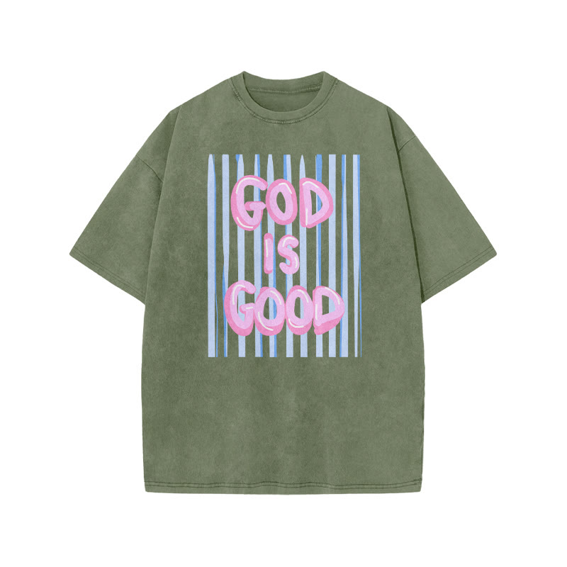 God Is God Oil Painting Print Acid Washed T-shirt - Army Green - US20-22(3XL) - image 6