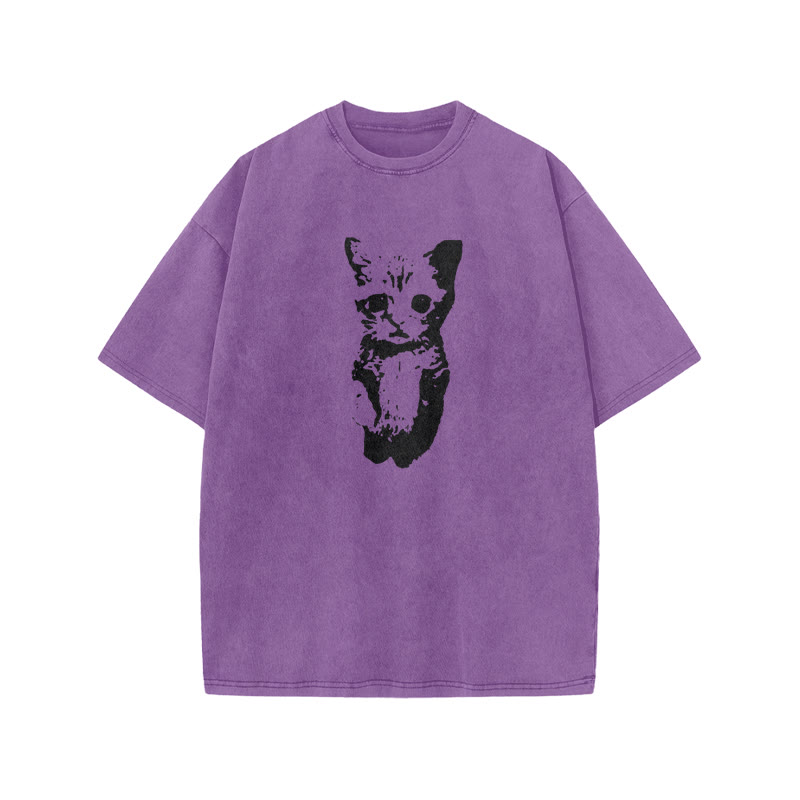 Unisex 100% Cotton Cute Cat Print Acid Washed T-shirt - Purple - US20-22(3XL) - image 8