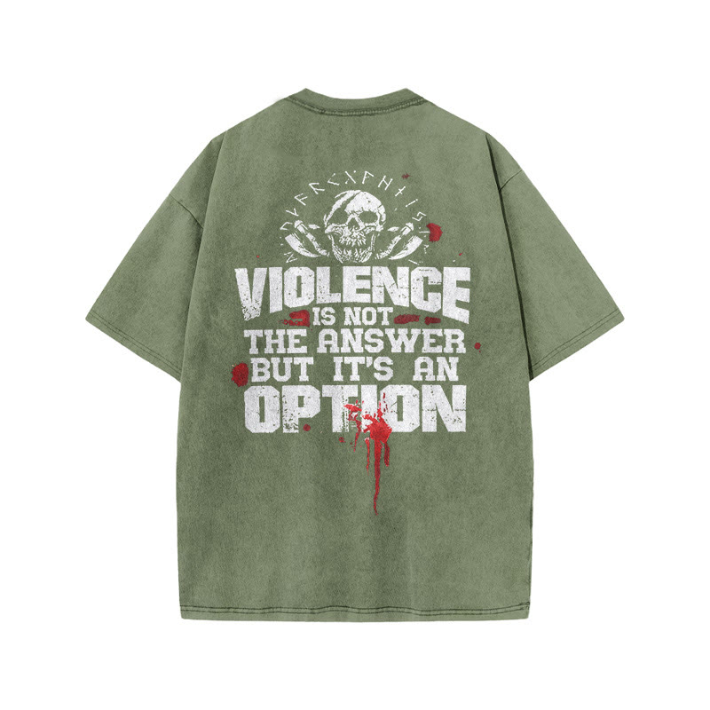 Gym 100% Cotton Vikings Violence Is Not The Answer Print Acid Washed T-shirt - Army Green - US20-22(3XL) - image 5
