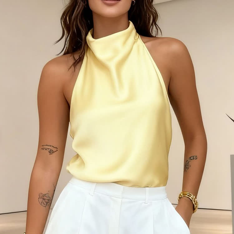 Solid Color Shiny Halter Off-shoulder Vest - image 6