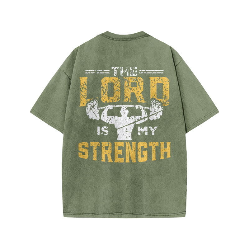 Gym 100% Cotton The Lord Is My Strength Print Acid Washed T-shirt - Army Green - US20-22(3XL) - image 6