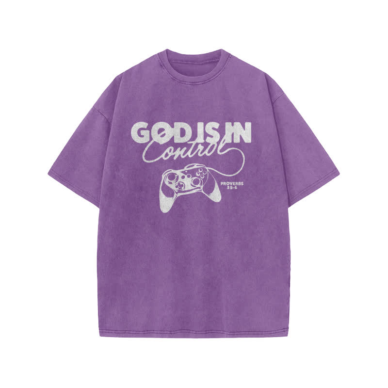 Unisex Cute God Is In Control Print Acid Washed T-shirt - Purple - US20-22(3XL) - image 9