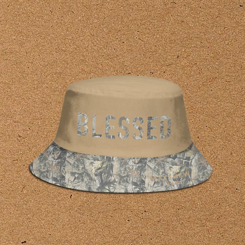 Blessed Matthew 5:3-12 Dead Leaves Camouflage Patchwork Print Bucket Hat - Khaki - XL(62cm) - image 4