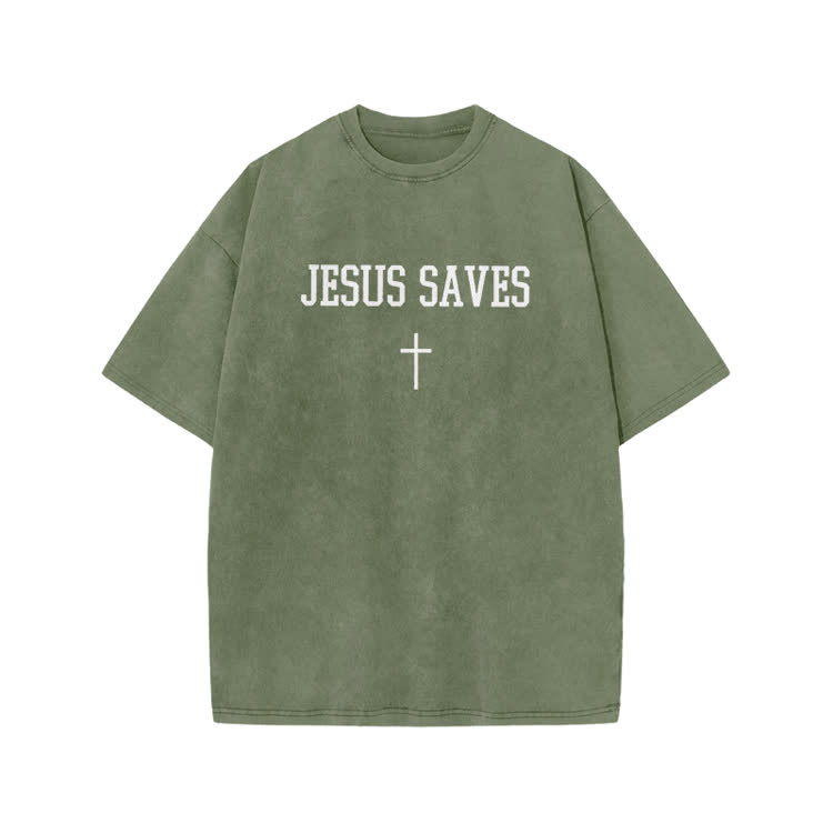 Jesus Saves Cross Print Acid Washed T-shirt - Army Green - US20-22(3XL) - image 8