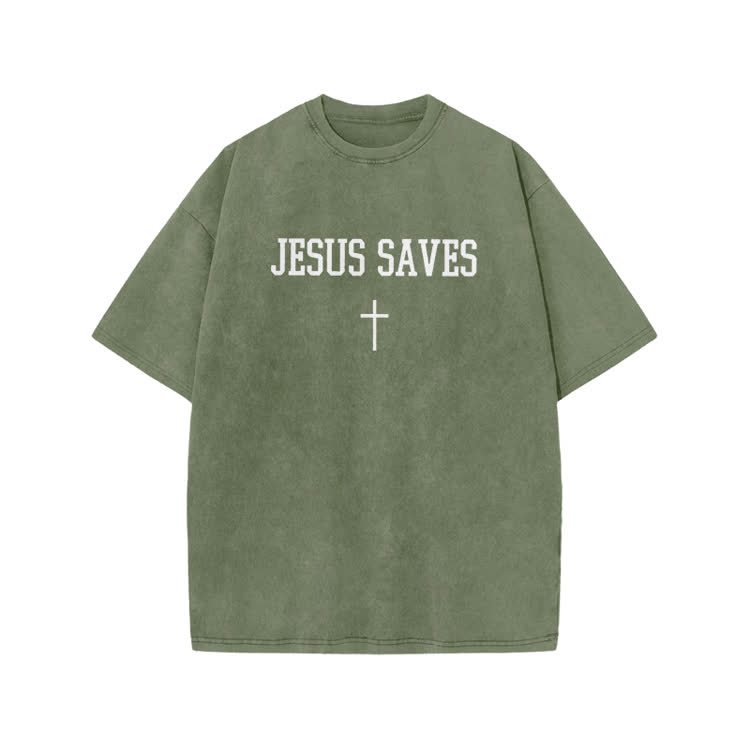 Jesus Saves Cross Print Acid Washed T-shirt - Army Green - US20-22(3XL) - image 8