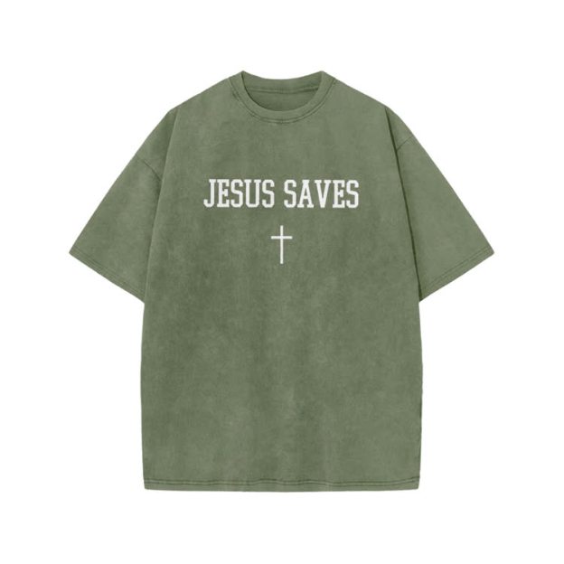 Jesus Saves Cross Print Acid Washed T-shirt - Army Green - US20-22(3XL) - image 8