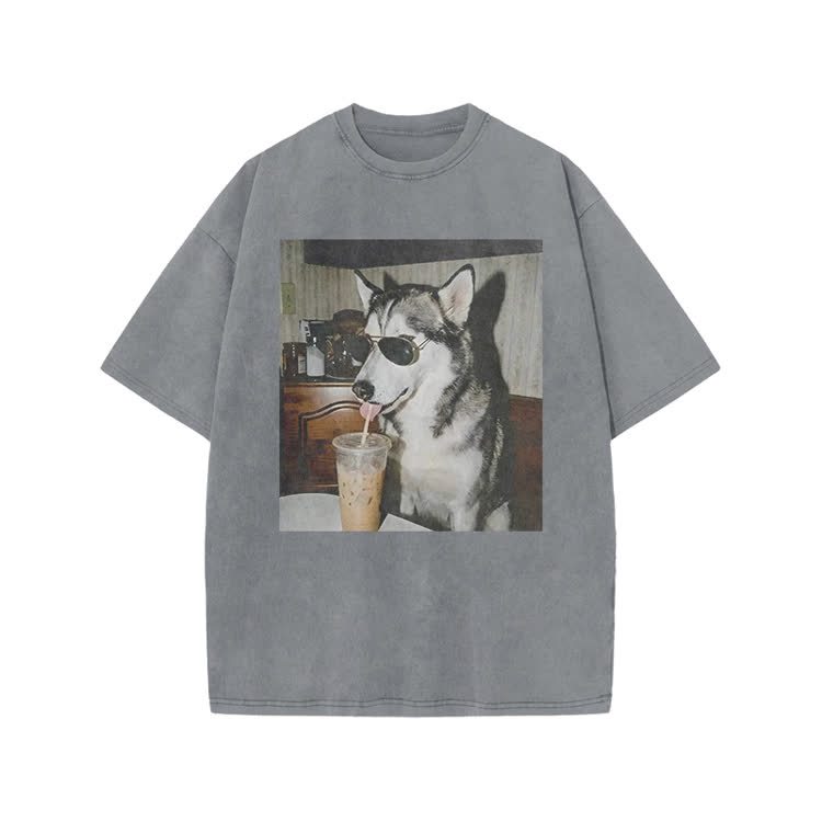 Vintage Husky Iced Coffee Print Acid Washed T-shirt - Grey - US20-22(3XL) - image 6